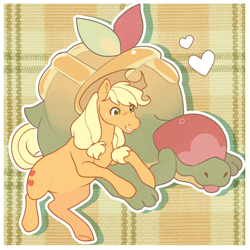 Size: 1280x1280 | Tagged: safe, artist:daffidaizy, applejack, appletun, earth pony, pony, g4, crossover, duo, heart, pokémon