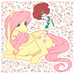 Size: 2048x2048 | Tagged: safe, artist:daffidaizy, fluttershy, floette, pegasus, pony, g4, crossover, cute, female, flower, folded wings, high res, looking at someone, lying down, mare, outline, patterned background, pokémon, prone, shyabetes, smiling, solo, turned head, white outline, wings