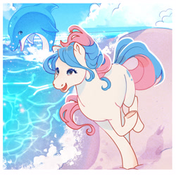 Size: 2048x2048 | Tagged: safe, artist:daffidaizy, eve (g2), dolphin, earth pony, pony, g2, beach, high res, ocean, running, solo, water