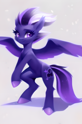 Size: 2048x3072 | Tagged: safe, ai assisted, ai content, artist:shad0w-galaxy, derpibooru exclusive, generator:purplesmart.ai, generator:stable diffusion, prompter:shad0w-galaxy, oc, oc only, oc:shadow galaxy, pegasus, pony, belly, bipedal, cheek fluff, ear fluff, ethereal mane, female, high res, hooves, mare, simple background, smiling, solo, spread wings, starry mane, starry tail, tail, unshorn fetlocks, wings