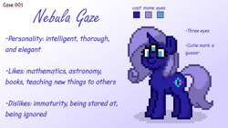 Size: 1920x1080 | Tagged: safe, oc, oc only, oc:nebula gaze, pony, triclops, unicorn, pony town, gradient background, multiple eyes, mutant, photoshop, reference sheet, solo, third eye, three eyes