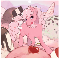 Size: 2048x2048 | Tagged: safe, artist:daffidaizy, lickety-split, earth pony, pony, g1, bow, candy, candy cane, candyland, cherry, cute, female, food, g1 licketybetes, high res, ice cream, lickety-split being silly, mare, silly, solo, tail, tail bow, tongue out