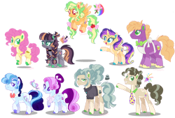 Size: 1280x867 | Tagged: safe, artist:shebasoda, li'l cheese, little mac, oc, oc:ametrine 'mineral' pie, oc:charming belle, oc:darling belle, oc:ginger gold, oc:morning twinkle, oc:shale sandwich, oc:slate sandwich, earth pony, pegasus, pony, unicorn, g4, apron, body freckles, body markings, bow, bowtie, brother and sister, brothers, clothes, coat markings, colored eartips, colored horn, colored wings, colored wingtips, cousins, cyan eyes, ear freckles, ear piercing, earring, earth pony oc, eyeshadow, facial markings, female, flying, folded wings, freckles, frown, gradient mane, gradient tail, green eyes, grin, hair bow, hair bun, headcanon, horn, jewelry, leg freckles, lidded eyes, lightly watermarked, looking at you, looking down, looking up, magical gay spawn, magical lesbian spawn, makeup, male, mare, multicolored horn, necktie, next generation, offspring, older li'l cheese, older little mac, pale belly, parent:applejack, parent:cheese sandwich, parent:flash sentry, parent:fluttershy, parent:kerfuffle, parent:maud pie, parent:mud briar, parent:octavio pie, parent:pinkie pie, parent:rainbow dash, parent:rarity, parent:sunset shimmer, parents:appledash, parents:cheesavio, parents:flashimmer, parents:flutterpie, parents:maudbriar, parents:rarifuffle, pegasus oc, piercing, ponytail, purple eyes, raised hoof, red eyes, siblings, simple background, smiling, socks (coat markings), spread wings, stallion, standing, tail, tail bow, transparent background, twins, unamused, unicorn oc, unshorn fetlocks, walking, watermark, wings