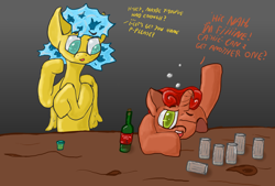Size: 3666x2481 | Tagged: safe, artist:refinity, oc, oc only, oc:cinnamon jingle, oc:fren ferryshell, earth pony, human, pegasus, alcohol, concerned, drink, drunk, gray background, high res, one eye closed, raised hoof, red hair, simple background, text