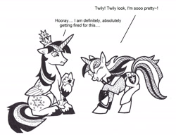 Size: 3032x2360 | Tagged: safe, artist:foldawaywings, shining armor, twilight sparkle, alicorn, pony, unicorn, g4, black and white, brother and sister, crown, dialogue, duo, dusk shine, excited, eyes closed, female, female to male, folded wings, gleaming shield, grayscale, grin, high res, ink drawing, jewelry, male, male to female, mare, monochrome, raised hoof, regalia, rule 63, siblings, simple background, smiling, stallion, traditional art, twilight sparkle (alicorn), unshorn fetlocks, white background, wings