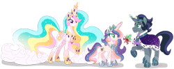 Size: 1280x506 | Tagged: safe, artist:shebasoda, king sombra, princess celestia, oc, oc:princess hemera, alicorn, pony, unicorn, g4, blaze (coat marking), body markings, cape, clothes, coat markings, colored eartips, colored eyelashes, colored pupils, colored wings, colored wingtips, concave belly, countershading, crown, ethereal hair, ethereal mane, ethereal tail, facial markings, father and child, father and daughter, female, folded wings, good king sombra, gradient mane, gradient tail, green eyes, headcanon, height difference, hoof shoes, horn, horn ring, jewelry, long mane, long tail, looking at someone, looking down, male, mare, mother and child, mother and daughter, next generation, offspring, pale belly, parent:king sombra, parent:princess celestia, parents:celestibra, peytral, princess shoes, purple eyes, raised hoof, redesign, reformed sombra, regalia, ring, ship:celestibra, shipping, simple background, slender, socks (coat markings), sparkly mane, sparkly tail, stallion, starry mane, starry tail, straight, tail, tall, thin, transparent background, unicorn oc, wall of tags, wings