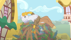 Size: 1280x720 | Tagged: safe, artist:mlp-silver-quill, oc, oc:silver quill, hippogriff, after the fact, after the fact:inspiration manifestation, empty bottles, hangover, ponyville