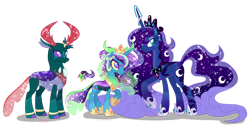 Size: 1280x647 | Tagged: safe, artist:shebasoda, pharynx, princess luna, oc, oc:princess mariposa, alicorn, changedling, changeling, changepony, hybrid, pony, g4, body markings, braid, changeling hybrid, coat markings, colored eyelashes, colored hooves, colored pupils, colored sclera, colored wings, colored wingtips, concave belly, countershading, crown, ethereal hair, ethereal mane, ethereal tail, eyeshadow, facial markings, father and child, father and daughter, female, folded wings, gradient wings, headcanon, height difference, hoof shoes, horn, horn ring, hybrid oc, interspecies offspring, jewelry, lidded eyes, long mane, long tail, looking at someone, lunarynx, makeup, male, mare, mother and child, mother and daughter, multicolored wings, offspring, pale belly, parent:pharynx, parent:princess luna, parents:lunarynx, peytral, physique difference, prince pharynx, purple eyes, raised hoof, redesign, regalia, ring, shipping, simple background, slender, smiling, socks (coat markings), sparkly, sparkly horn, sparkly mane, sparkly tail, stallion, standing, star (coat marking), starry mane, starry tail, straight, tail, teal eyes, thin, tiara, transparent background, wings, yellow sclera