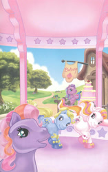 Size: 1680x2680 | Tagged: safe, artist:ken edwards, silly sunshine, starbeam, sweetberry, twinkle twirl, earth pony, pony, g3, bakery, belle of the ball, cake, dancing, female, food, gazebo, group, mare, quartet, scan