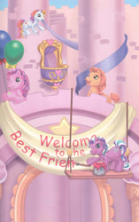 Size: 1680x2680 | Tagged: safe, artist:ken edwards, skywishes, sunny daze (g3), sunset sweety, toola-roola, earth pony, pony, g3, banner, belle of the ball, castle, comic sans, female, group, mare, quartet, scan