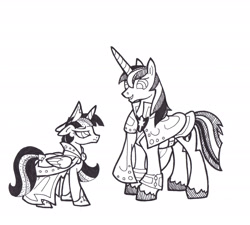 Size: 2628x2364 | Tagged: safe, artist:foldawaywings, shining armor, twilight sparkle, alicorn, pony, unicorn, g4, annoyed, black and white, brother and sister, clothes, duo, female, filly, filly twilight sparkle, foal, grayscale, high res, ink drawing, male, monochrome, siblings, simple background, stallion, traditional art, twilight sparkle (alicorn), white background, younger