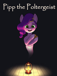 Size: 750x1000 | Tagged: safe, artist:dash wang, pipp petals, ghost, ghost pony, pony, undead, g5, diadem, eyebrows, female, hooves together, jewelry, lantern, mare, open mouth, open smile, regalia, smiling, solo, text, tiara