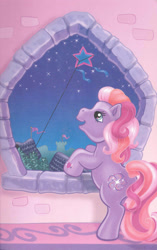 Size: 1680x2680 | Tagged: safe, artist:ken edwards, twinkle twirl, earth pony, pony, g3, belle of the ball, female, happy, kite, mare, scan, solo, window