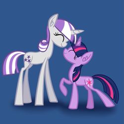 Size: 1121x1121 | Tagged: safe, artist:princessfaeron, twilight sparkle, twilight velvet, pony, unicorn, g4, boop, duo, ear fluff, eyes closed, mother and daughter, noseboop, nuzzling, simple background, skinny, tall, thin