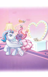 Size: 1680x2680 | Tagged: safe, artist:ken edwards, star catcher, twinkle twirl, butterfly, earth pony, pegasus, pony, g3, belle of the ball, clothes, crown, dress, duo, female, jewelry, mare, mirror, note, regalia, scan, vanity