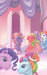 Size: 1680x2680 | Tagged: safe, artist:ken edwards, applejack (g3), kimono, rainbow dash (g3), sunny daze (g3), twinkle twirl, wysteria, earth pony, pony, g3, alternate hairstyle, belle of the ball, clothes, crown, dress, female, group, jewelry, mare, necklace, regalia, scan, sextet