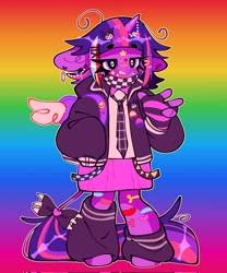 Size: 1704x2048 | Tagged: safe, artist:bunbunbewwii, twilight sparkle, alicorn, anthro, unguligrade anthro, g4, >w<, backpack, bandaid, bandaid on nose, beanbrows, bisexual, bisexual pride flag, bisexuality, bow, clothes, dyed hair, ear fluff, ear piercing, earring, eyebrows, fangs, floppy ears, gradient background, hairclip, jacket, jewelry, kuromi, leg warmers, leonine tail, lidded eyes, lip piercing, nonbinary, nonbinary pride flag, open mouth, piercing, pride, pride flag, pride flag pin, rainbow background, rainbow gradient, skirt, small wings, solo, tail, tail bow, trans twilight sparkle, twilight sparkle (alicorn), wings
