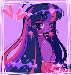 Size: 2006x2106 | Tagged: safe, artist:bunbunbewwii, twilight sparkle, human, g4, bare shoulders, choker, ear piercing, eyebrows, eyebrows visible through hair, female, heart, high res, humanized, long eyelashes, piercing, purple background, simple background, solo