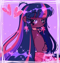 Size: 2006x2106 | Tagged: safe, alternate version, artist:bunbunbewwii, twilight sparkle, human, g4, bare shoulders, choker, dark skin, ear piercing, eyebrows, eyebrows visible through hair, female, heart, high res, humanized, long eyelashes, piercing, purple background, simple background, solo