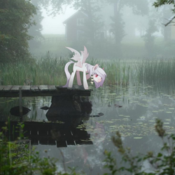 Size: 2000x2000 | Tagged: safe, edit, oc, oc only, oc:oleander, bat pony, albino, base used, emo, fog, high res, house, irl, lilypad, photo, pier, reflection, sfw edit, solo, tree, water