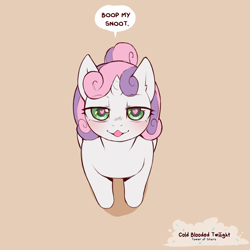Size: 1200x1200 | Tagged: safe, artist:cold-blooded-twilight, sweetie belle, pony, unicorn, g4, bedroom eyes, blushing, boop my snoot, boop request, brown background, dialogue, female, filly, foal, heart, heart eyes, high angle, looking at you, looking up, looking up at you, open mouth, simple background, solo, speech bubble, wingding eyes