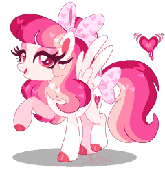 Size: 404x420 | Tagged: safe, artist:shebasoda, oc, oc only, oc:heart beat/obsessive desire, pegasus, pony, big eyelashes, bow, clothes, colored eartips, colored eyelashes, colored hooves, colored pupils, colored wings, colored wingtips, eyeshadow, female, girly, hair bow, hoof polish, lidded eyes, looking at you, makeup, mare, open mouth, pale belly, pegasus oc, pink, pink eyes, raised hoof, simple background, smiling, socks, solo, spread wings, standing on two hooves, tail, tail bow, transparent background, wings, yandere