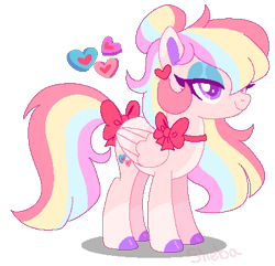 Size: 411x397 | Tagged: safe, artist:shebasoda, oc, oc only, oc:yours truly, pegasus, pony, bow, closed mouth, coat markings, colored eyelashes, colored hooves, colored pupils, colored wings, colored wingtips, ear piercing, earring, eyeshadow, female, folded wings, girly, heart, hoof polish, jewelry, lidded eyes, lovecore, makeup, mare, multicolored hair, neck bow, pale belly, pegasus oc, piercing, rainbow hair, rainbow tail, simple background, smiling, socks (coat markings), solo, standing, tail, tail bow, transparent background, wings