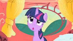 Size: 1280x720 | Tagged: safe, screencap, twilight sparkle, pony, unicorn, g4, party of one, curtains, golden oaks library, open mouth, out of context, pillow, solo, unicorn twilight, window