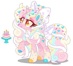 Size: 513x460 | Tagged: safe, artist:shebasoda, oc, oc only, oc:birthday cake, pony, unicorn, big eyelashes, body markings, bow, closed mouth, clothes, coat markings, colored eartips, colored eyelashes, colored pupils, eyeshadow, facial markings, female, food, freckles, girly, golden eyes, hair bow, hair ribbon, horn, lidded eyes, looking up, makeup, mare, neck bow, pale belly, raised hoof, ribbon, simple background, smiling, socks, solo, sprinkles, standing, star (coat marking), tail, tail bow, transparent background, unicorn oc, yellow eyes