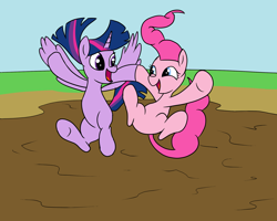 Size: 2000x1600 | Tagged: safe, artist:amateur-draw, pinkie pie, twilight sparkle, alicorn, earth pony, pony, g4, holding hooves, hoofbump, jumping, mud, mud bath, mud play, mud pony, muddy, twilight sparkle (alicorn), wet and messy