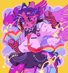 Size: 1914x2048 | Tagged: safe, artist:bunbunbewwii, twilight sparkle, alicorn, anthro, g4, alternate hairstyle, backpack, bandaid, bandaid on nose, bisexual, bisexual pride flag, bisexuality, clothes, devil horn (gesture), dyed hair, ear piercing, earring, jewelry, necktie, nonbinary, nonbinary pride flag, one eye closed, piercing, pride, pride flag, pride flag pin, skirt, solo, tail, twilight sparkle (alicorn), wings