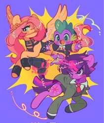 Size: 1728x2048 | Tagged: safe, artist:bunbunbewwii, fluttershy, spike, twilight sparkle, dragon, pegasus, pony, unicorn, g4, anya forger, clothes, crossover, dress, female, gun, handgun, loid forger, magic, male, necktie, pistol, spy x family, suit, telekinesis, trio, unicorn twilight, weapon, yor forger