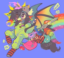 Size: 2048x1843 | Tagged: safe, artist:bunbunbewwii, oc, oc only, alicorn, bat pony, bat pony alicorn, pony, :d, bag, bat wings, bisexual, bisexual pride flag, bisexuality, blue background, clothes, cringesona, crocs, demiboy, demiboy pride flag, dyed mane, heterochromia, hoodie, horn, magic, master sword, open mouth, open smile, ponysona, pride, pride flag, pride flag pin, rainbow, rawr, simple background, smiling, socks, solo, striped socks, sword, the legend of zelda, weapon, wings, x3, xd