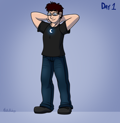 Size: 1280x1312 | Tagged: safe, artist:metallicumbrage, part of a set, princess luna, oc, human, series:lunar desire, g4, boots, character to character, clothes, crescent moon, denim, glasses, human to anthro, jeans, jewelry, male, male to female, moon, necklace, pants, part of a series, pre-transformation, shirt, shoes, short hair, solo, t-shirt, transformation, transgender transformation