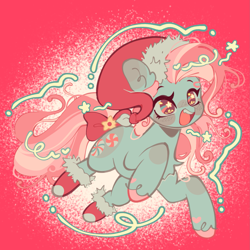 Size: 2027x2027 | Tagged: safe, artist:bunbunbewwii, minty, earth pony, pony, a very minty christmas, g3, bow, christmas, clothes, hat, high res, holiday, santa hat, socks, solo, tail, tail bow