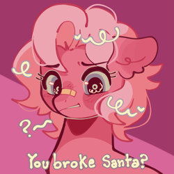 Size: 2027x2027 | Tagged: safe, artist:bunbunbewwii, pinkie pie (g3), earth pony, pony, a very minty christmas, g3, bandaid, bandaid on nose, high res, pink pony, question mark, solo