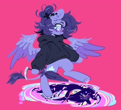 Size: 2048x1856 | Tagged: safe, artist:bunbunbewwii, oc, oc only, oc:creekflow, oc:vylet, pegasus, pony, brohoof (vylet pony), carousel (an examination of the shadow creekflow and its life as an afterthought), vylet pony, clothes, ear piercing, hoodie, pegasus oc, piercing, pink background, simple background, solo, song cover