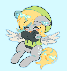 Size: 1750x1843 | Tagged: safe, artist:bunbunbewwii, derpy hooves, pegasus, pony, g4, :p, blue background, clothes, crossed arms, cute, derpabetes, hoodie, simple background, solo, spread wings, tongue out, wings
