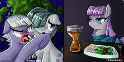 Size: 2683x1355 | Tagged: safe, artist:shakoba, limestone pie, marble pie, maud pie, earth pony, pony, g4, 2 panel comic, angry, comedy, comic, crying, female, food, funny, herbivore, meme, pie sisters, ponified animal photo, salad, siblings, sisters, trio, woman yelling at a cat