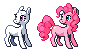 Size: 85x50 | Tagged: safe, artist:bananamantis, pinkie pie, oc, earth pony, pony, g4, bald, base, base used, cute, duo, duo female, female, mare, pixel art, simple background, smiling, standing, transparent background