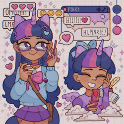 Size: 1600x1600 | Tagged: safe, artist:michoobun, twilight sparkle, human, g4, alicorn humanization, bag, bisexual pride flag, book, cellphone, choker, clothes, cute, dark skin, eyes closed, female, glasses, grin, heart, horn, horned humanization, humanized, implied pinkie pie, phone, pride, pride flag, pride flag pin, quil, skirt, smartphone, smiling, solo, sweater, text message, texting, twiabetes, winged humanization