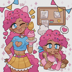 Size: 1600x1600 | Tagged: safe, artist:michoobun, pinkie pie, human, g4, alternate hairstyle, belly button, belt, boob window, chef's hat, chocolate, clothes, collar, cookie, cute, dark skin, diapinkes, ear piercing, eared humanization, earring, female, food, hat, heart, heart shaped boob window, humanized, jewelry, midriff, muffin, one eye closed, pansexual pride flag, piercing, pride, pride flag, short shirt, skirt, solo, spoon, tail, tailed humanization, tongue out, tongue piercing, wink, wooden spoon