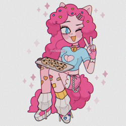 Size: 1500x1500 | Tagged: safe, artist:michoobun, pinkie pie, human, g4, alternate hairstyle, bandaid, belly button, boob window, chains, clothes, collar, converse, cookie, cute, diapinkes, eared humanization, female, fingerless gloves, food, gloves, heart shaped boob window, humanized, leg warmers, midriff, nail polish, one eye closed, open mouth, oven mitts, pony coloring, shoes, short shirt, shorts, simple background, socks, solo, tail, tailed humanization, tray, white background, wink