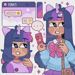 Size: 1400x1400 | Tagged: safe, artist:michoobun, twilight sparkle, human, g4, alternate hairstyle, bag, bisexual pride flag, cellphone, choker, clothes, cute, eared humanization, female, grin, horn, horned humanization, humanized, implied pinkie pie, nail polish, phone, pride, pride flag, shirt, smartphone, smiling, solo, sweater, tail, tailed humanization, twiabetes