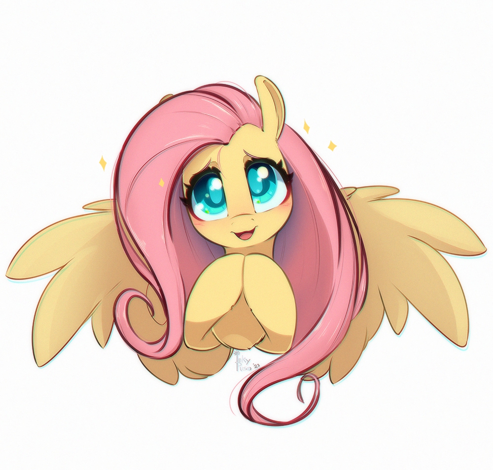 [blushing,bust,cute,female,fluttershy,looking at you,mare,open mouth,pegasus,pony,safe,signature,simple background,solo,sparkles,white background,wings,head tilt,shyabetes,hooves together,smiling,spread wings,smiling at you,full face view,colored pupils,open smile,artist:inkypuso]