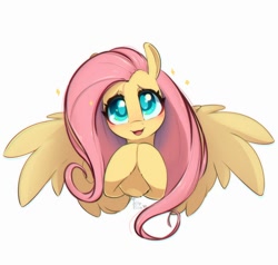Size: 1000x952 | Tagged: safe, artist:inkypuso, fluttershy, pegasus, pony, g4, blushing, bust, colored pupils, cute, female, full face view, head tilt, hooves together, looking at you, mare, open mouth, open smile, shyabetes, signature, simple background, smiling, smiling at you, solo, sparkles, spread wings, white background, wings