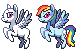 Size: 78x50 | Tagged: safe, artist:bananamantis, rainbow dash, oc, pegasus, pony, g4, bald, base, base used, duo, duo female, female, flying, mare, pixel art, simple background, spread wings, transparent background, wings