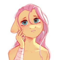Size: 906x941 | Tagged: safe, artist:melodylibris, part of a set, fluttershy, pegasus, anthro, g4, bandage, bare shoulder portrait, bare shoulders, blushing, bust, female, floppy ears, looking at you, mare, part of a series, portrait, self harm, simple background, solo, white background