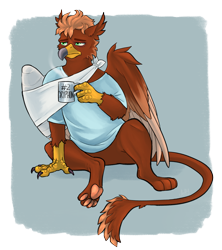 Size: 2659x2990 | Tagged: safe, artist:jeshh, oc, oc only, oc:pavlos, griffon, bandage, broken bone, broken wing, cast, claws, clothes, coffee, colored background, colored wings, eared griffon, folded wings, griffon oc, high res, injured, pajamas, paw pads, paws, shirt, simple background, sleepy, sling, solo, tired, toe beans, underpaw, wing fluff, wings