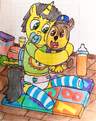 Size: 3052x3863 | Tagged: safe, artist:bitter sweetness, oc, oc only, oc:bitter sweetness, pony, unicorn, abdl, adult foal, baby bottle, chase (paw patrol), clothes, diaper, diaper fetish, fetish, graph paper, green eyes, high res, horn, hug, male, non-baby in diaper, open mouth, pacifier, paw patrol, playmat, socks, striped socks, toy, traditional art, wooden floor